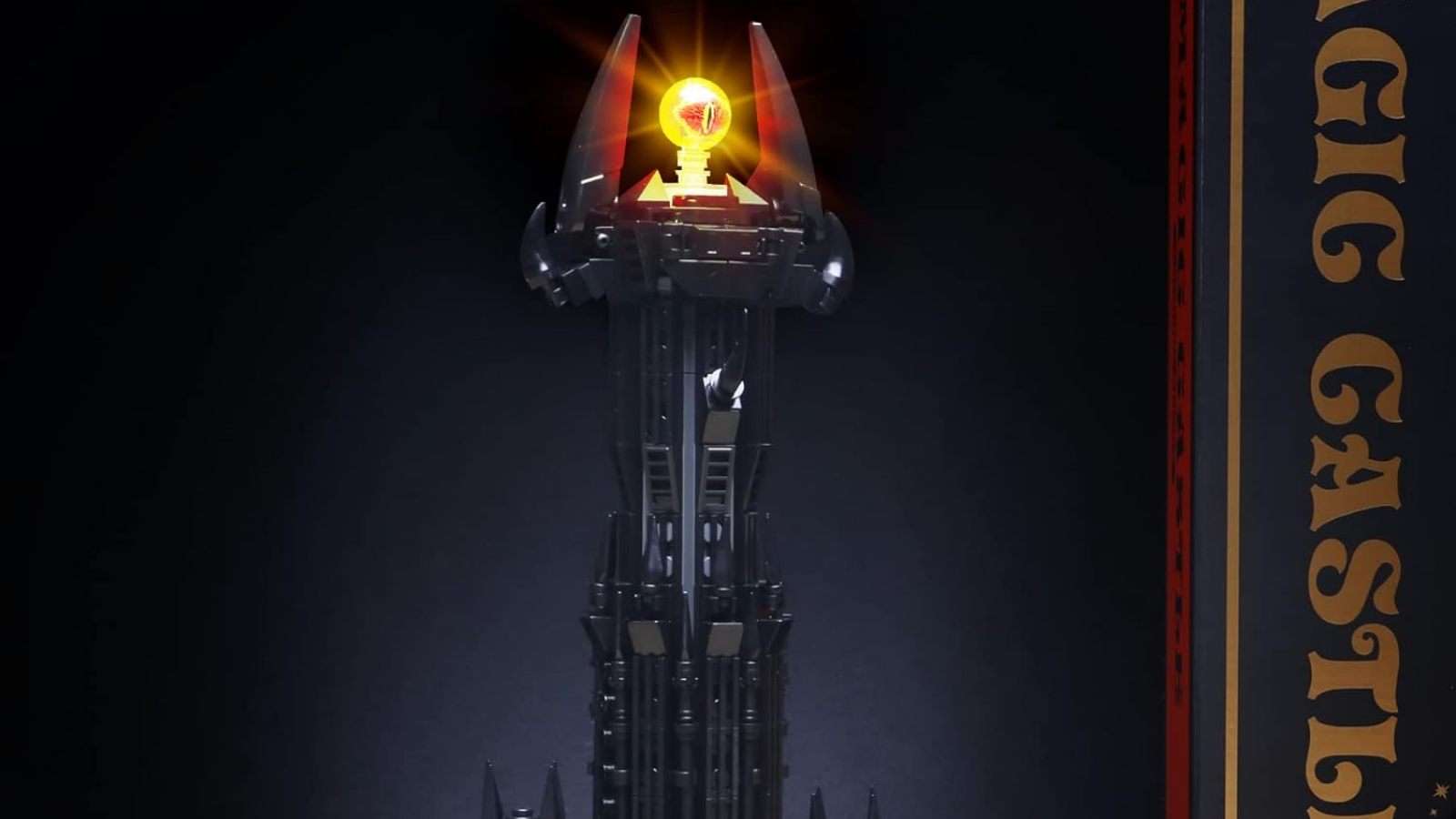 Lego-style Lord of the Rings tower with glowing eye