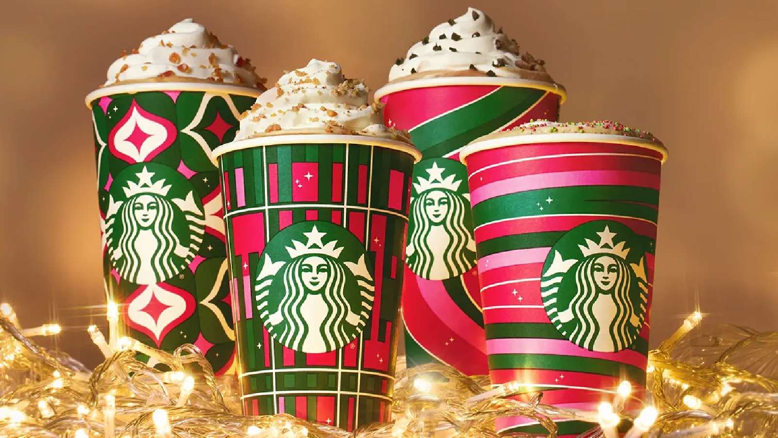 The image shows seasonal drinks by Starbucks