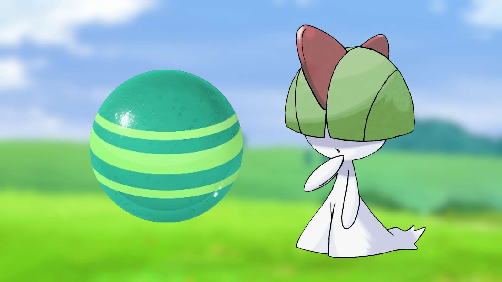 Ralts and Candy next to one another in front of Pokemon Go field.