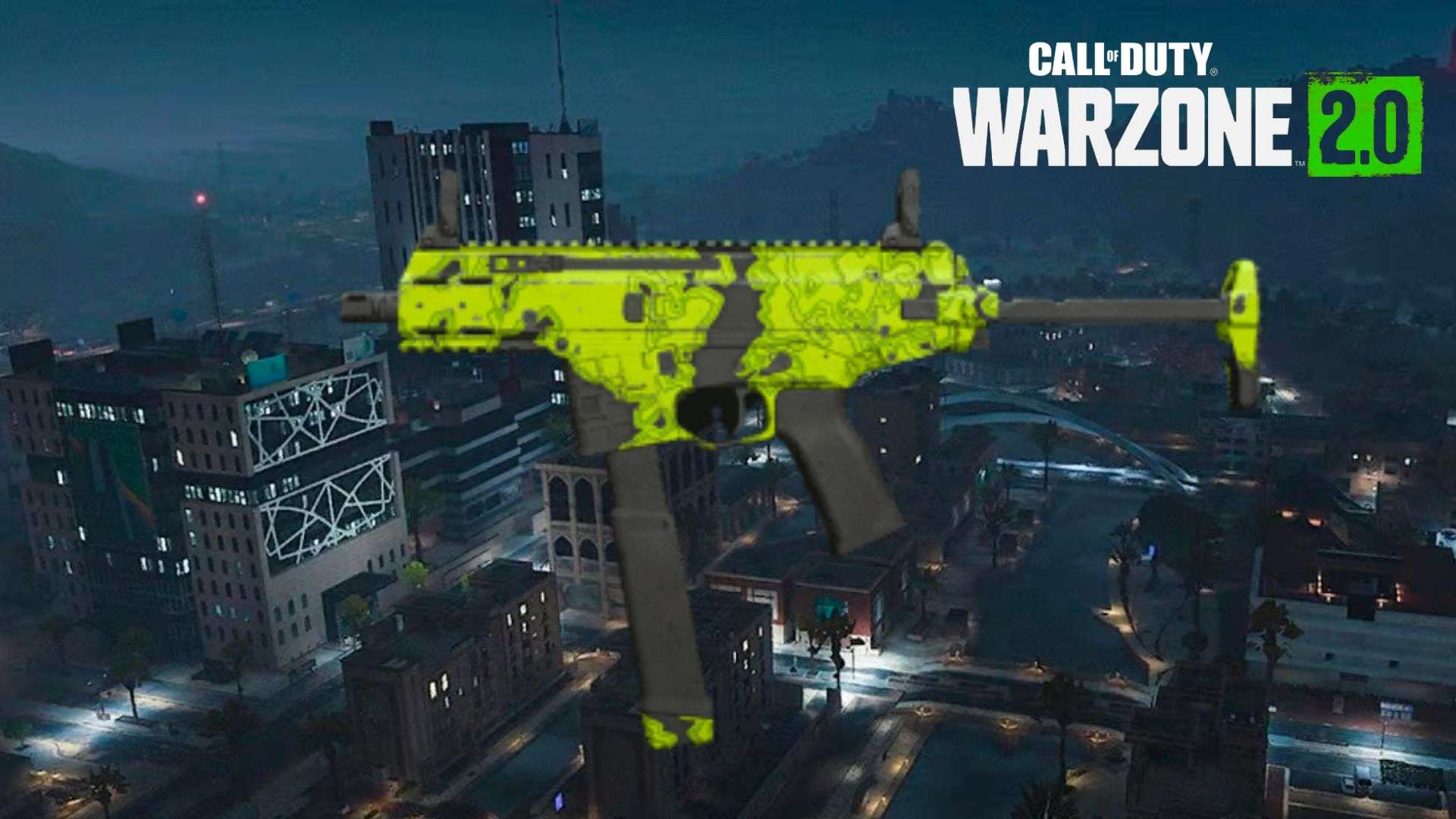 Green and black ISO 9MM SMG in Warzone with Al Mazrah map at night