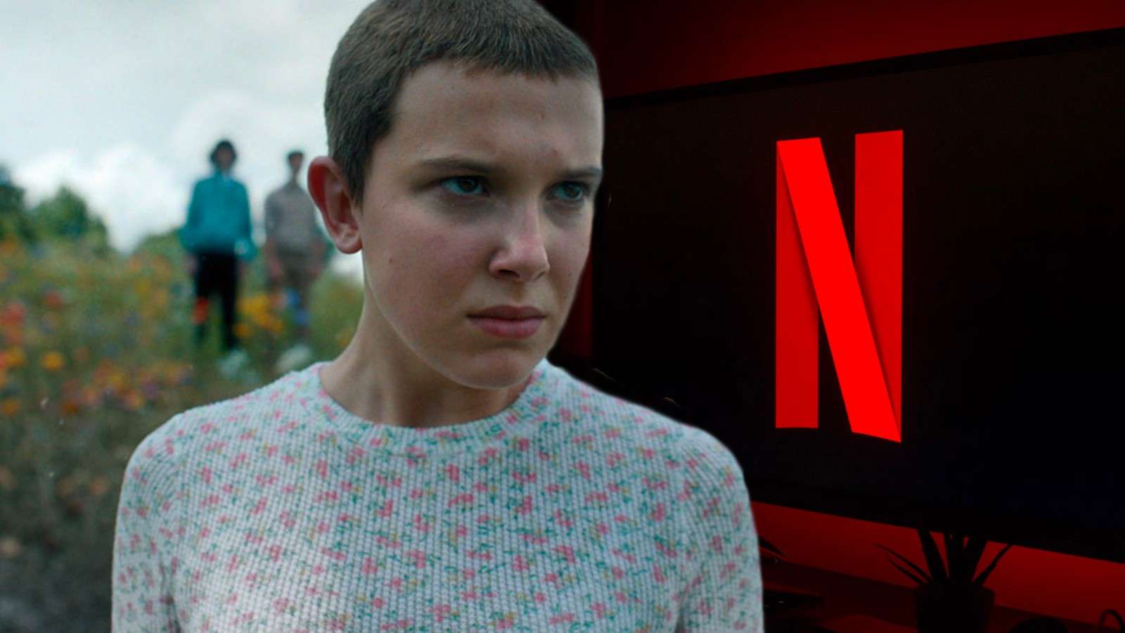 Eleven in Stranger Things and stock image of Netflix on TV
