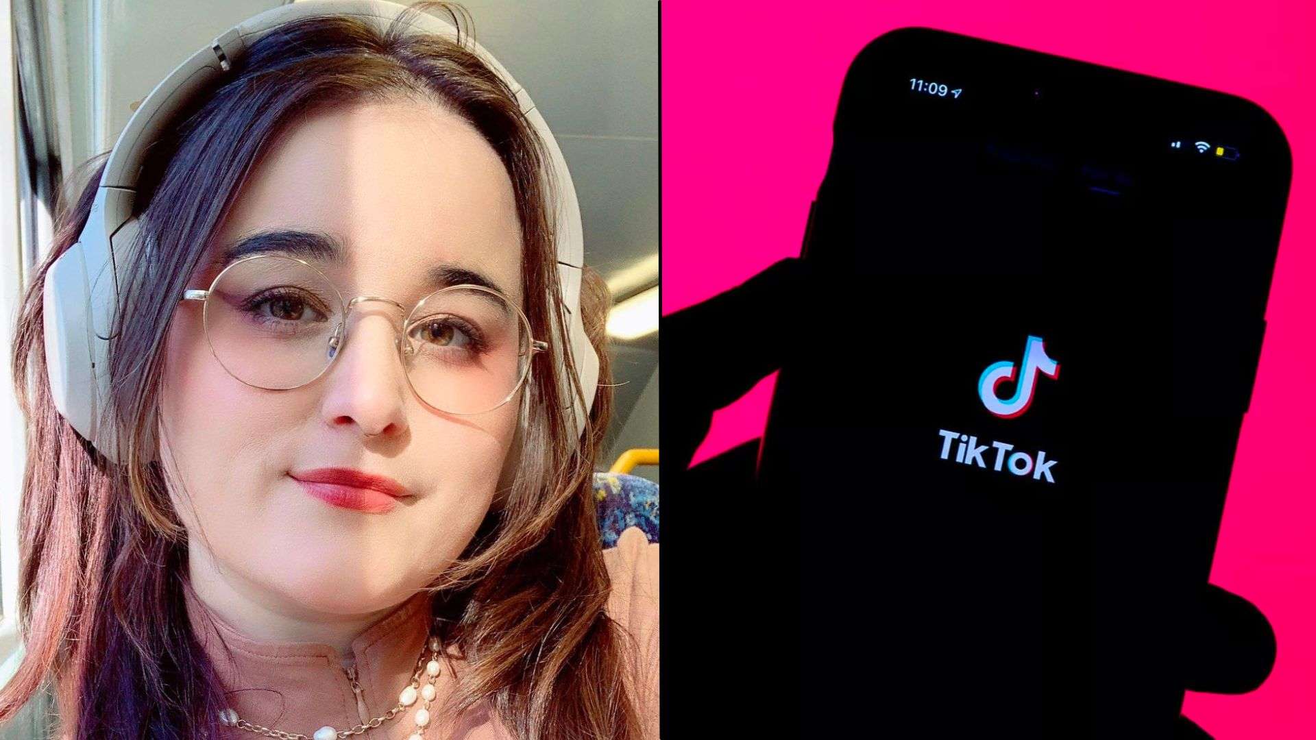 Woman sat in glasses and headphones side by side with tiktok logo