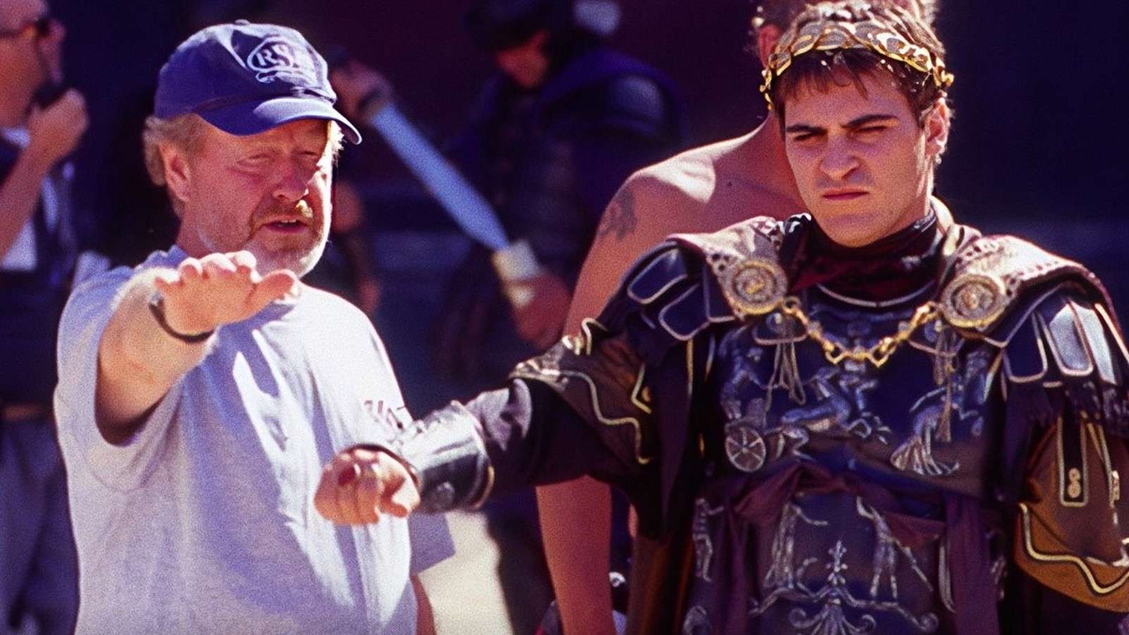 Ridley Scott directing Joaquin Phoenix in Gladiator 2.