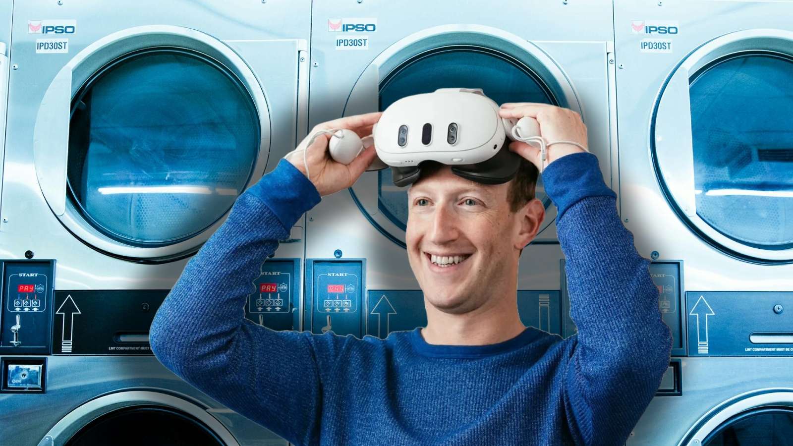 Mark Zuckerberg in a laundromat wearing a Quest 3