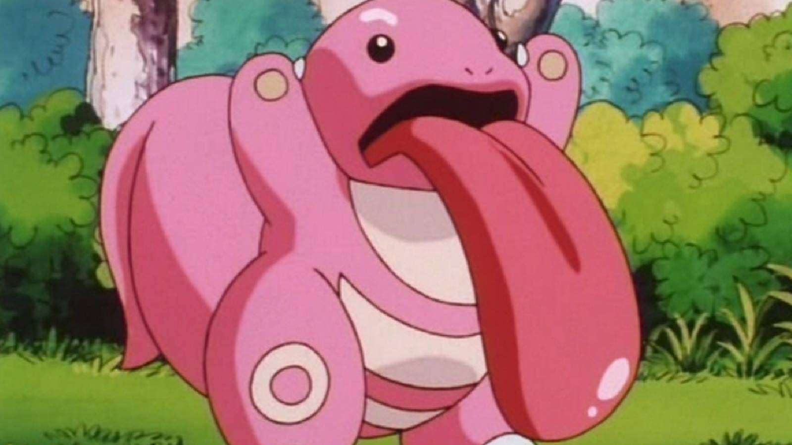 A screenshot from the Pokemon anime shows the norma-type Pokemon Lickitung