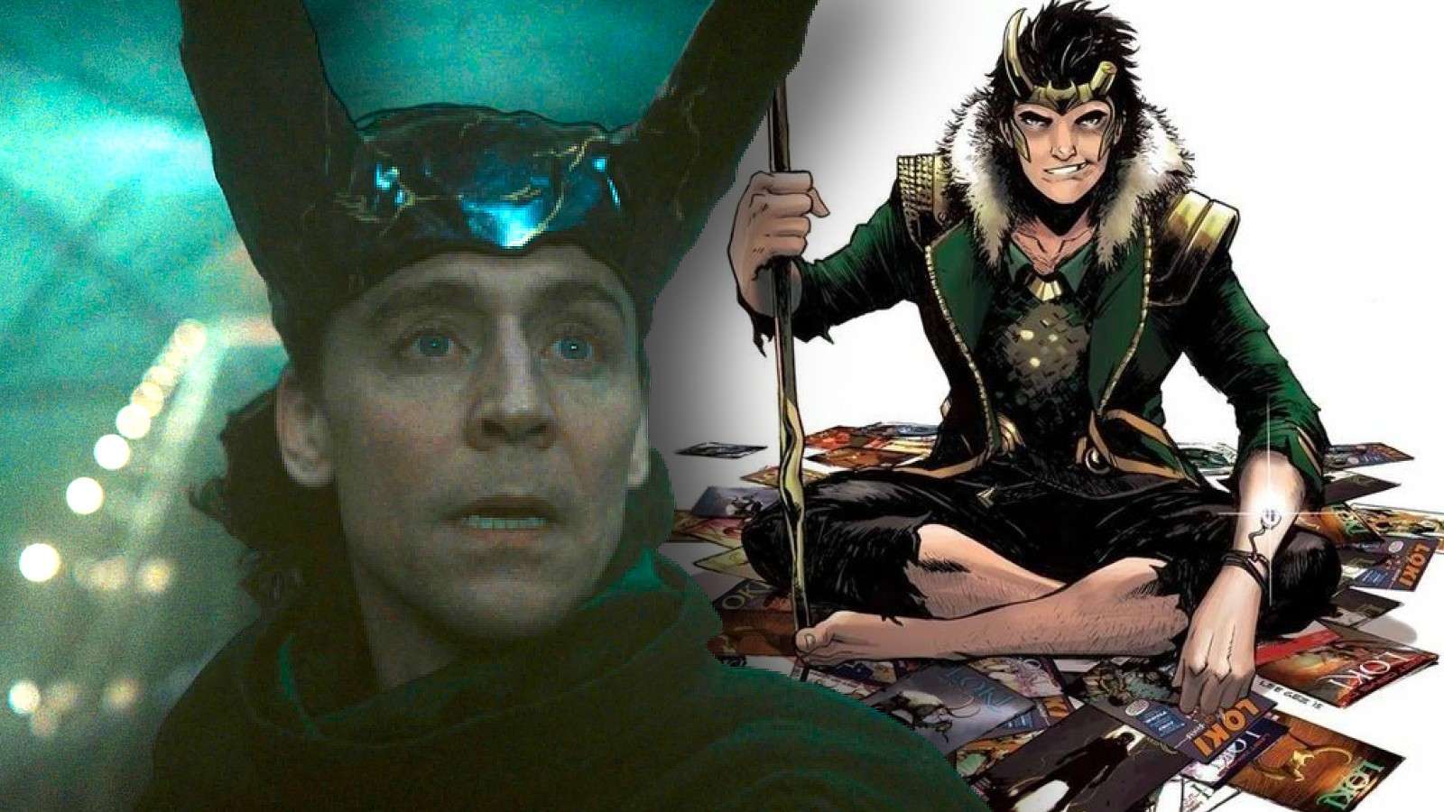 Tom Hiddleston as Loki and a still of the God of Stories in the comics