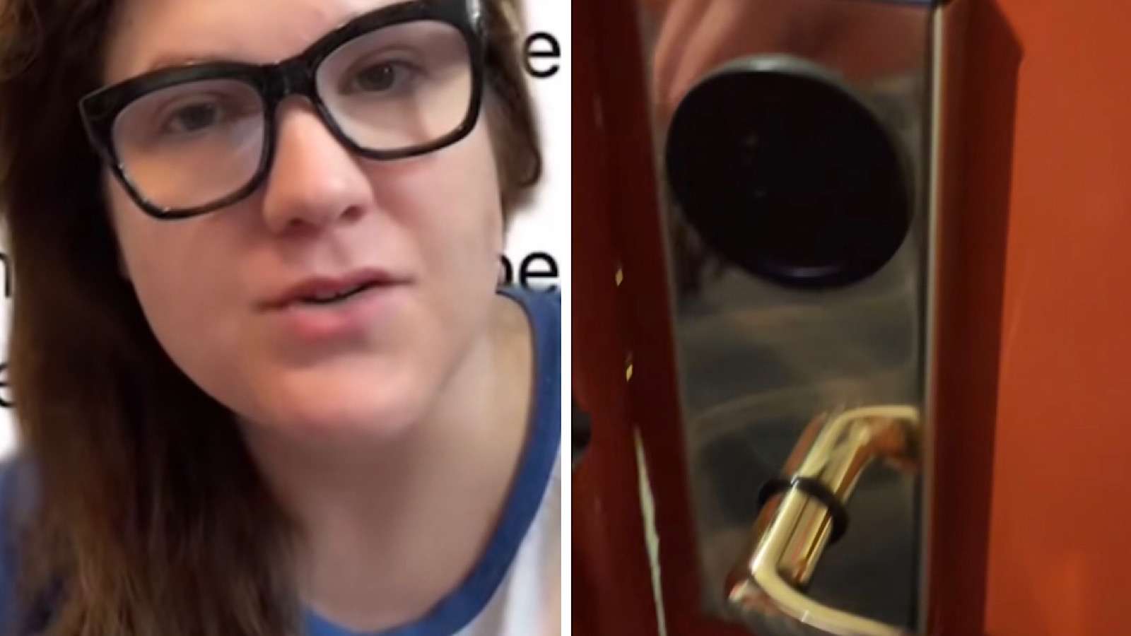 woman shocked when the door to her hotel room had a broken lock