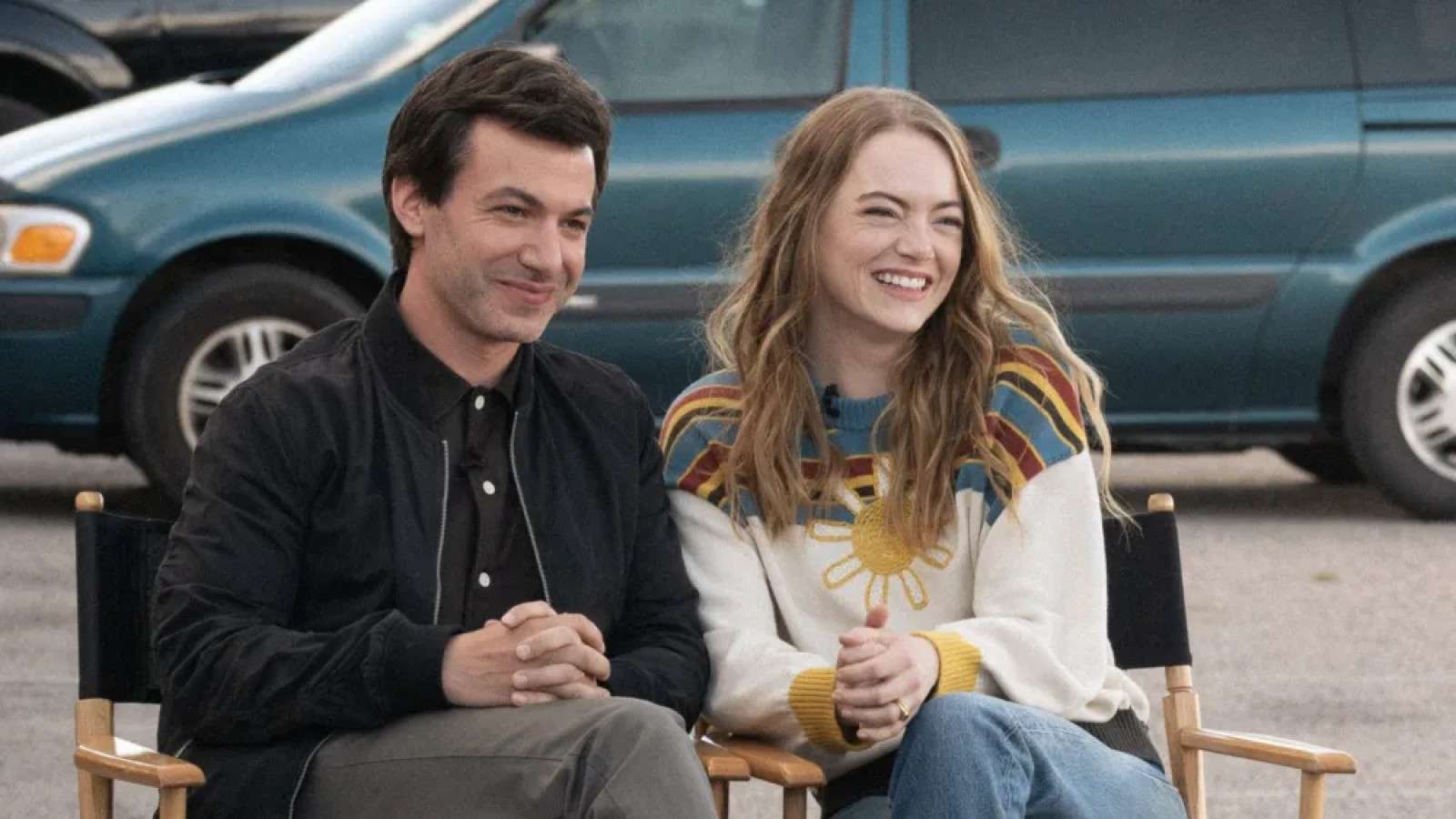 Nathan Fielder and Emma Stone sitting in chairs in The Curse.