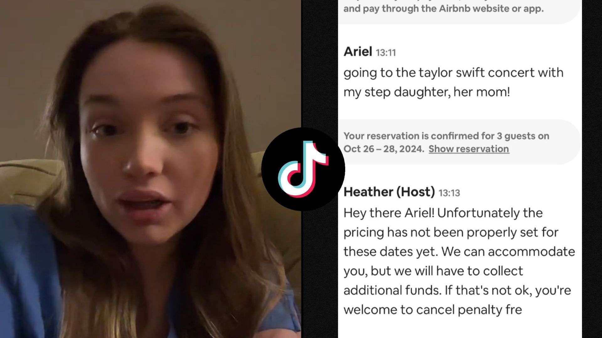 Woman next to airbnb messages about booking for taylor swift concert