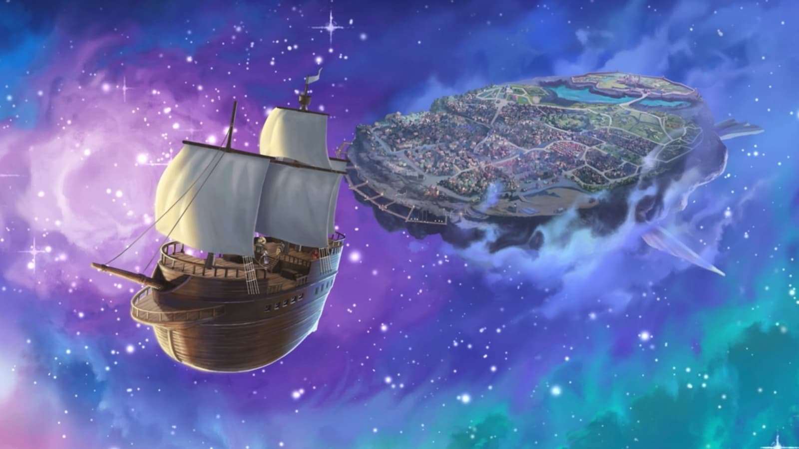 A Galleon sailing away from an asteroid city in D&D's Spelljammer campaign