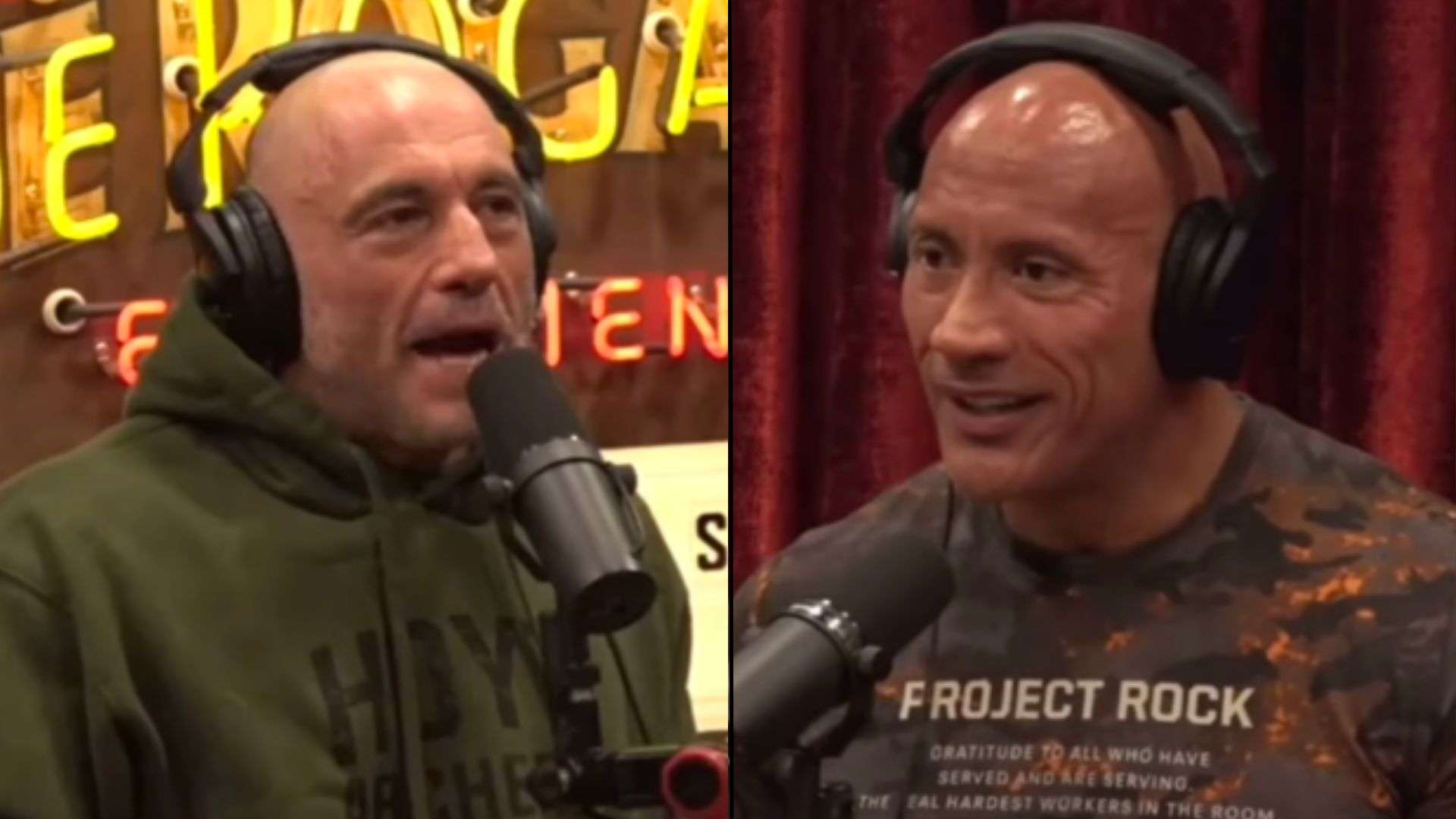 Joe Rogan and The Rock sat opposite each other recording podcast