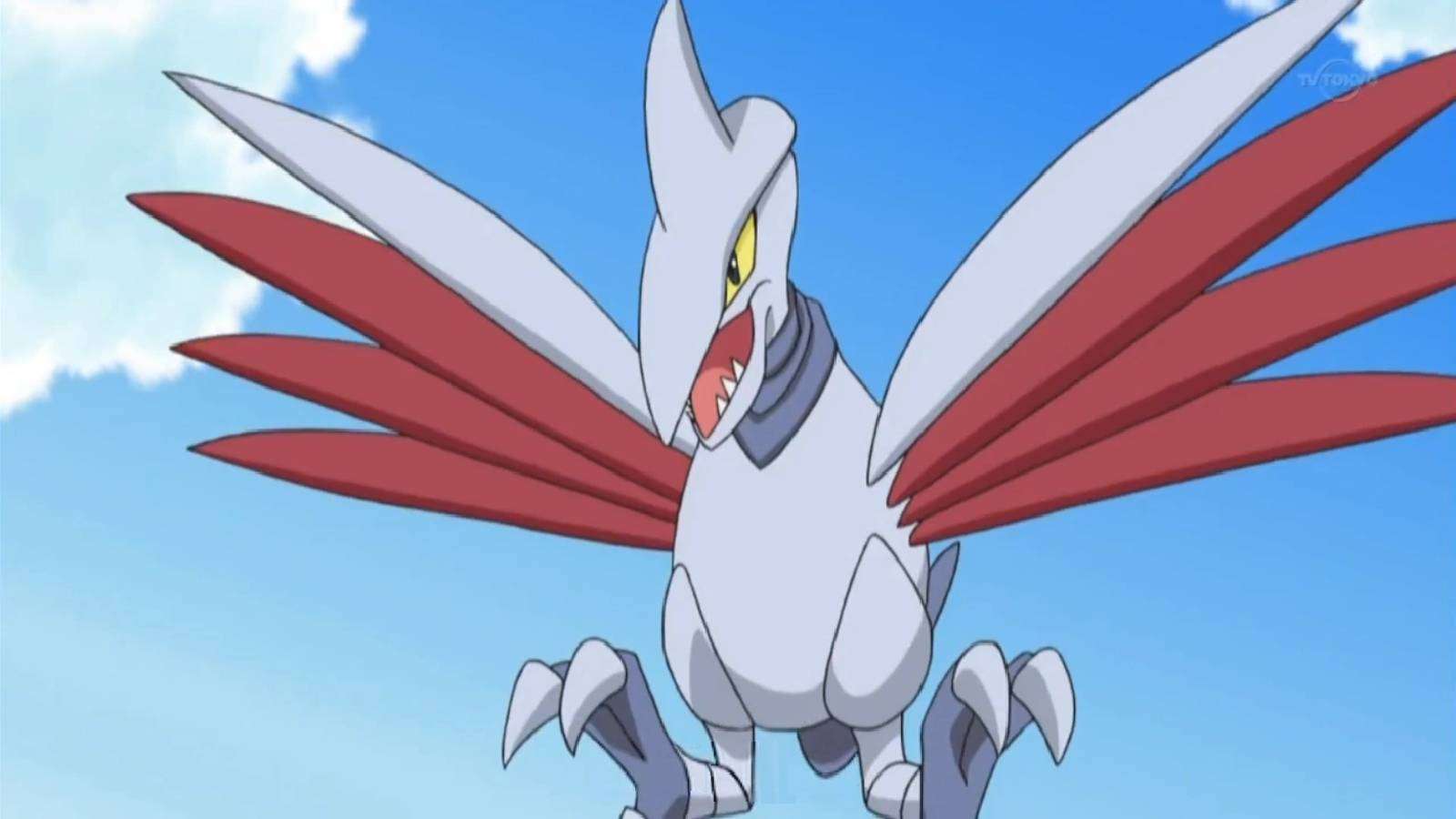 The metal bird Pokemon Skarmory appears flying in a clip from the Pokemon anime