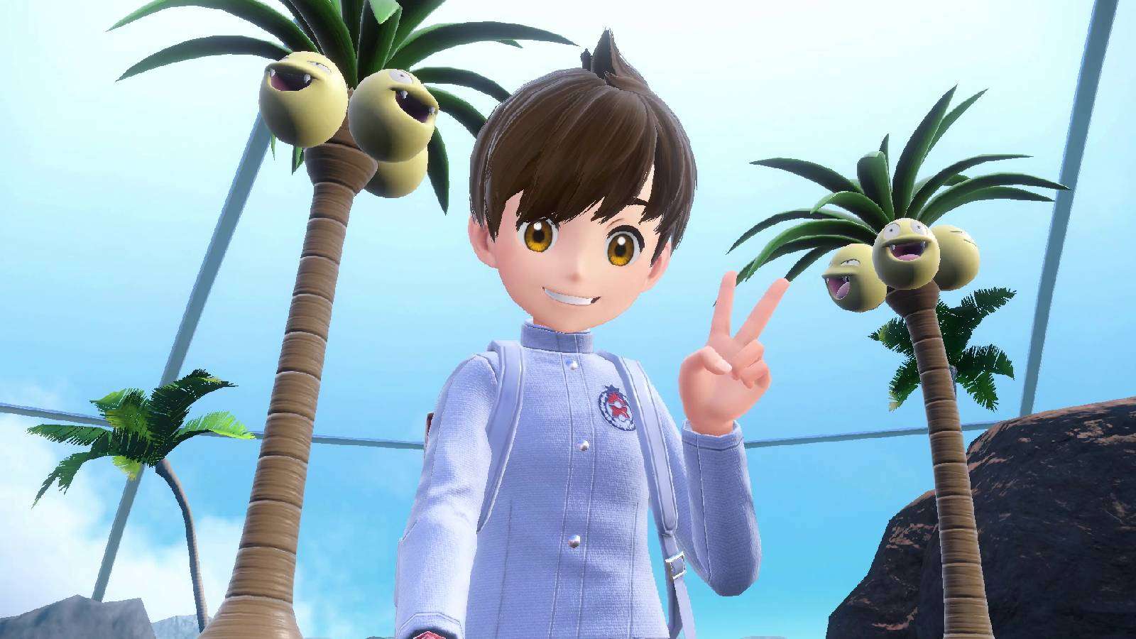 A pokemon trainer does the peace symbol for a selfie, while two Alolan Exeggutor appear in the background