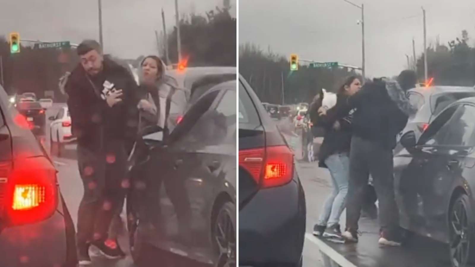 man and woman fight in road rage traffic