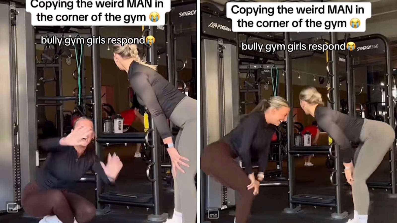 fitness influencers make fun of man at the gym