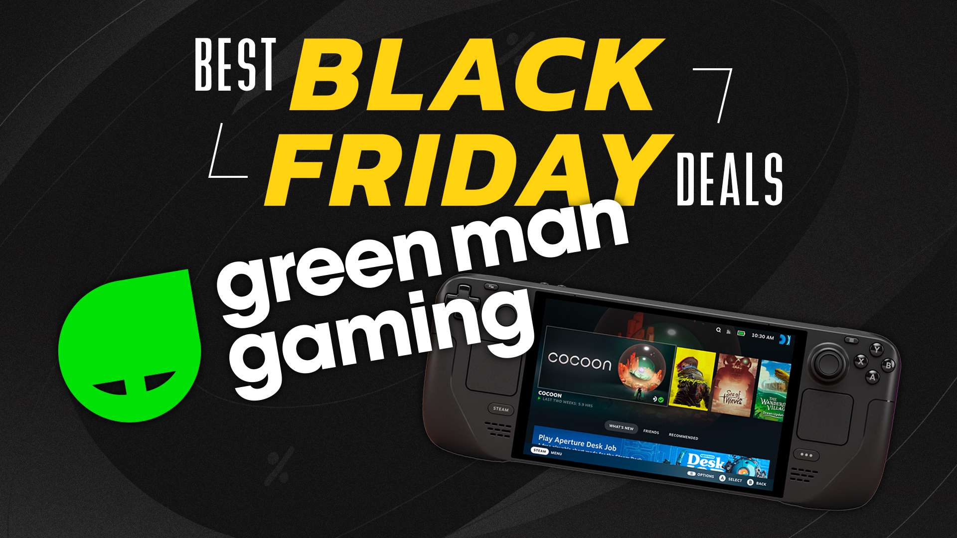 black friday deal with green man gaming logo and steam deck