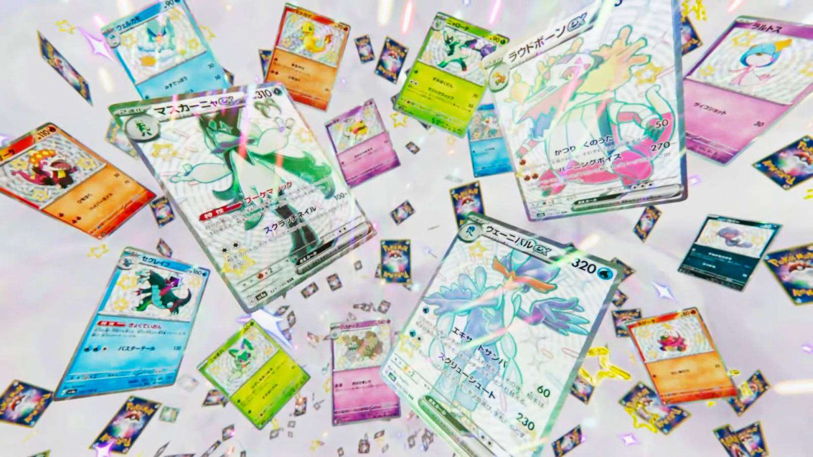 Promotional material for the Pokemon TCG Shiny Treasures ex set shows several shiny cards