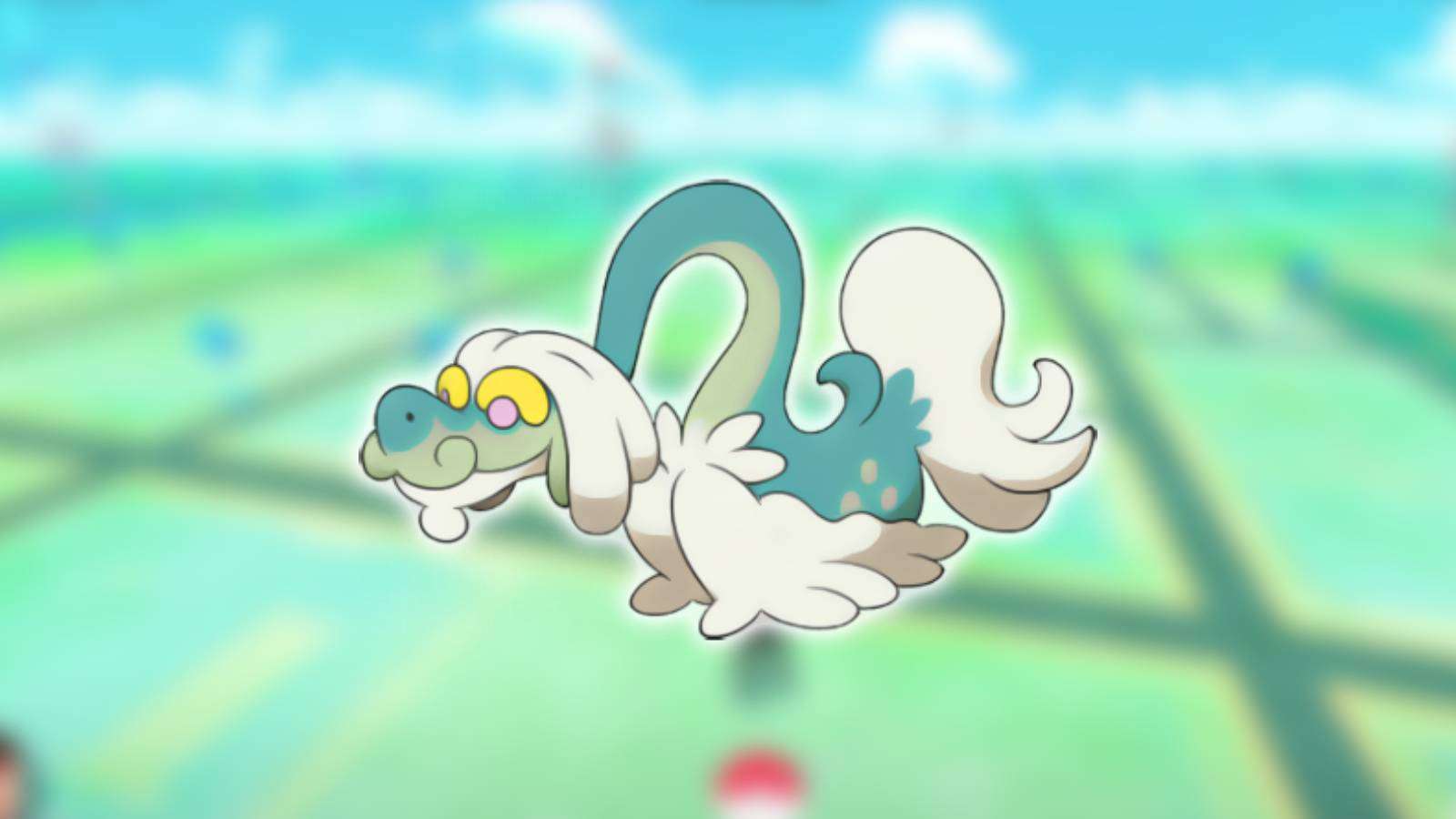 The dragon type Pokemon Drampa appears against a blurred background