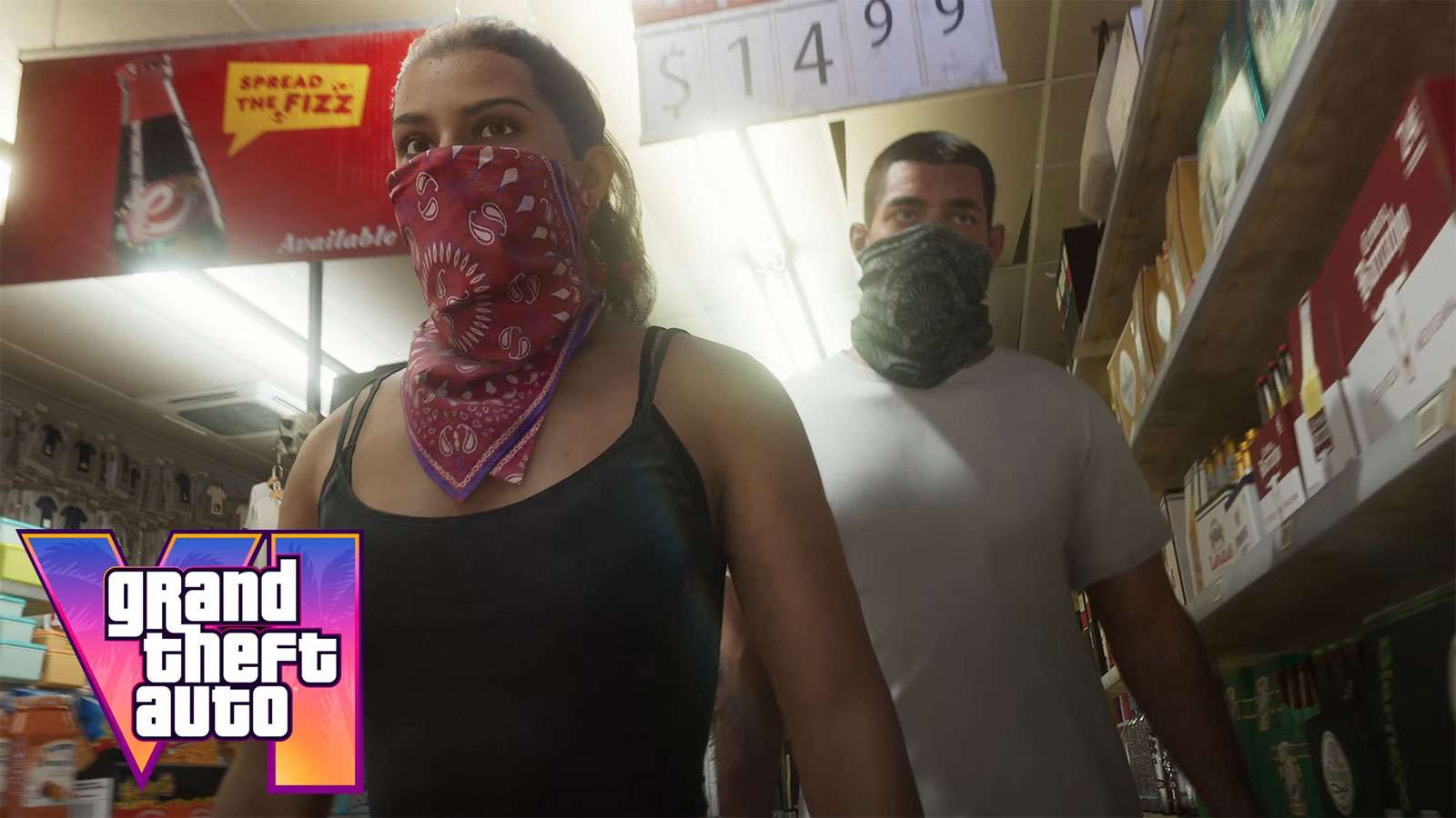 GTA 6 protagonists in store wearing bandana mask over their face