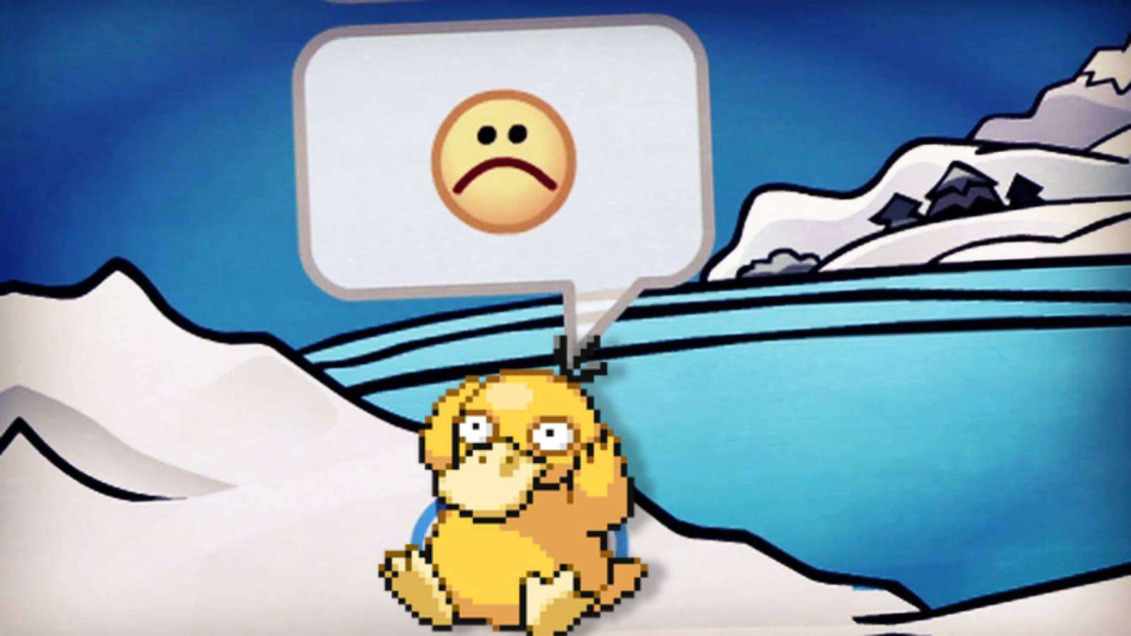 A pixelated Psyduck sits on a snow scene from Club Penguin, with a sad face emoji appearing in a thought bubble above them