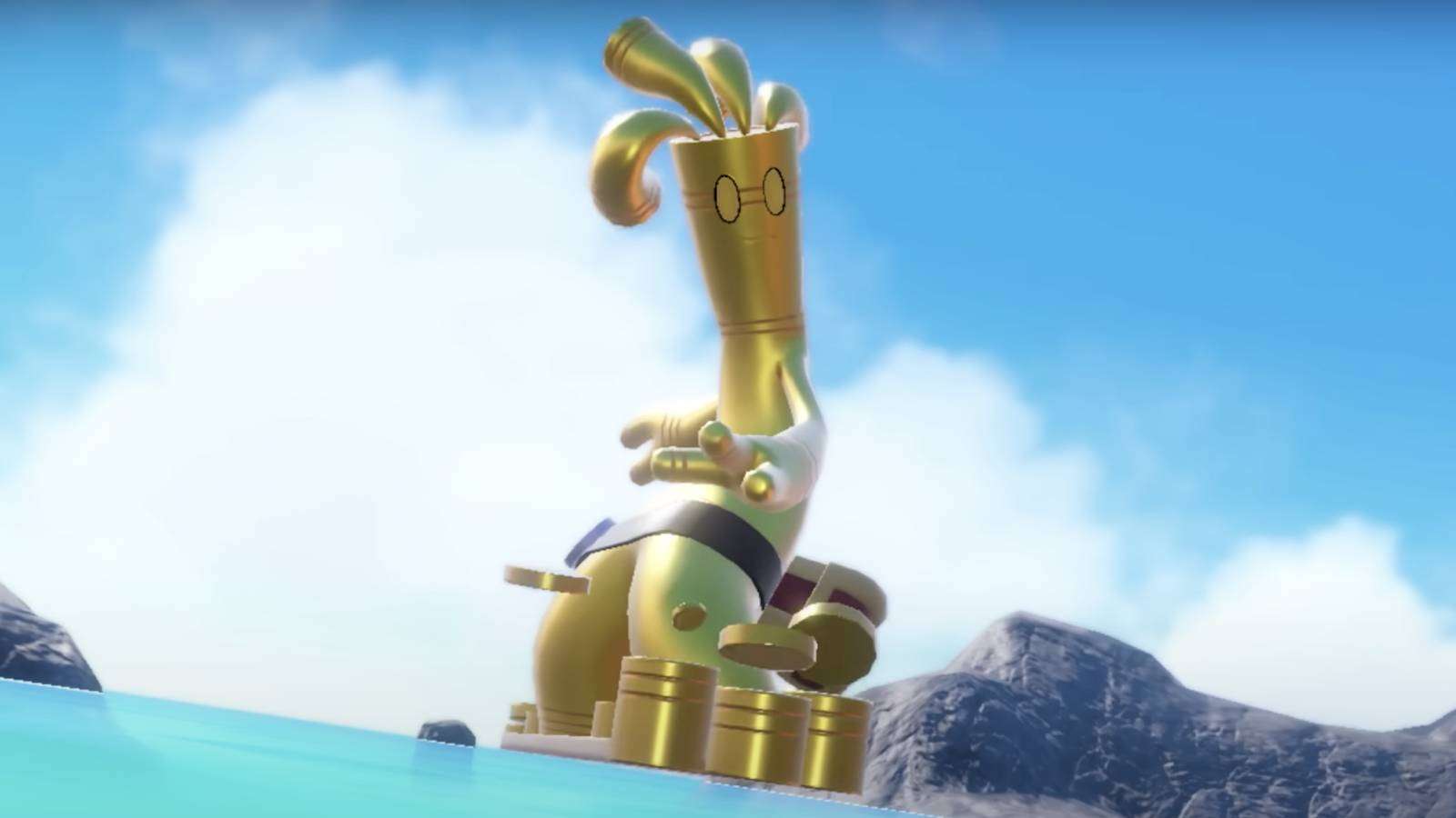 The golden Pokemon Gholdengo rides through the air, and above a body of water, on a surfboard made out of coin