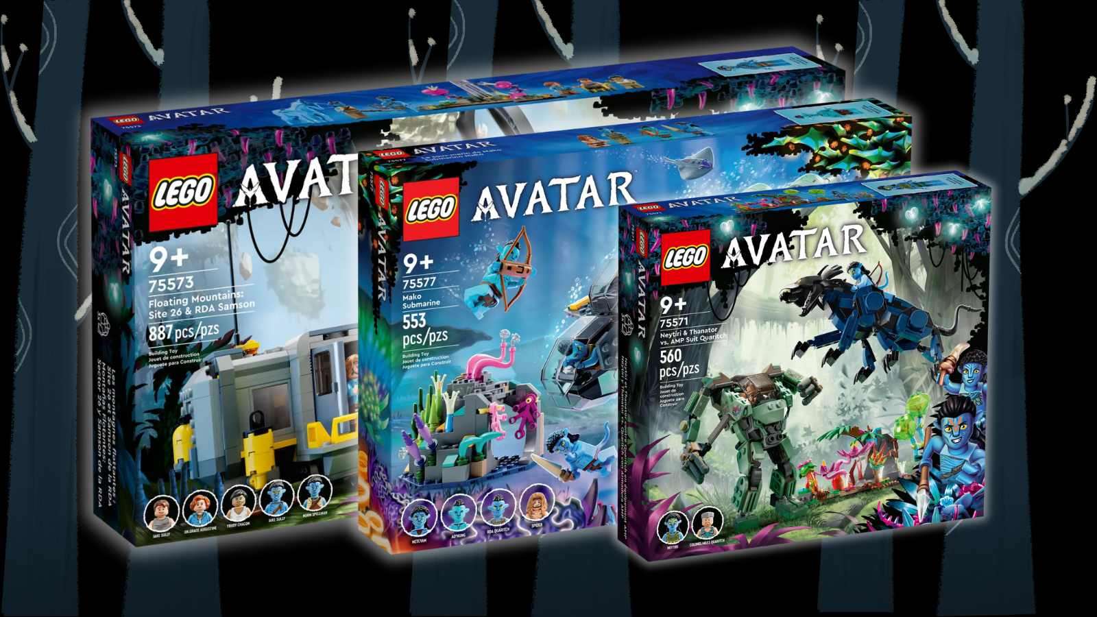 LEGO Avatar sets on black background with rain forest graphic.