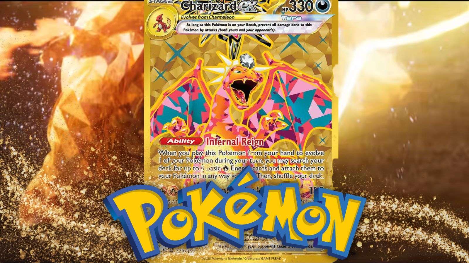 Golden Charizard ex against a Charizard background