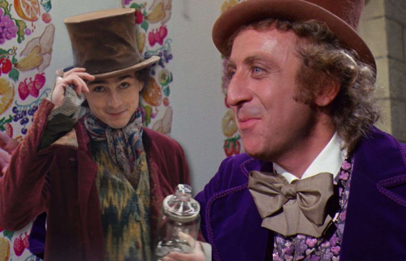 Timothee Chalamet (Wonka) and Gene Wilder (Willy Wonka & the Chocolate Factory)