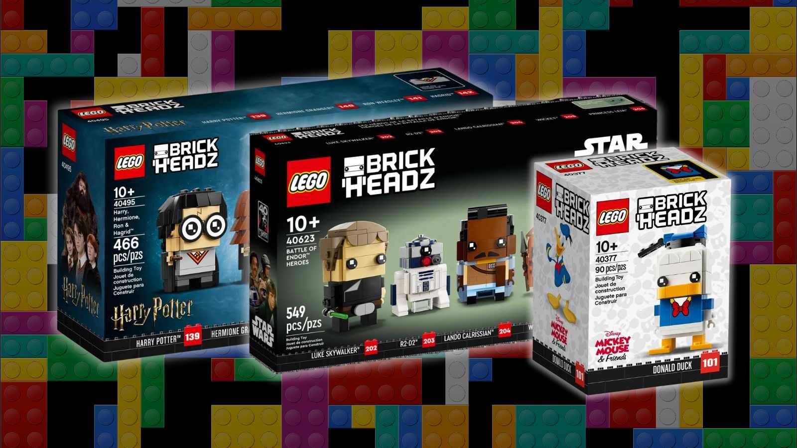 Three of the retiring LEGO BrickHeadz set on a black background with a LEGO-brick graphic.