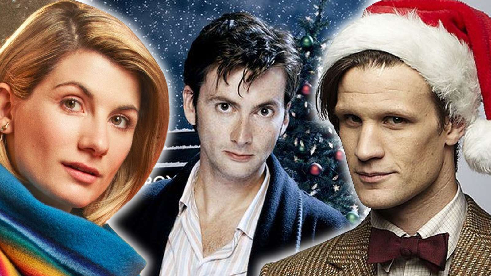 A montage of Doctor Who Christmas special poster artwork