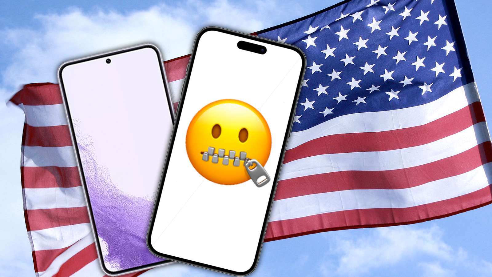 us flag with iphone & samsung phone overlayed with zipped lipped emoji