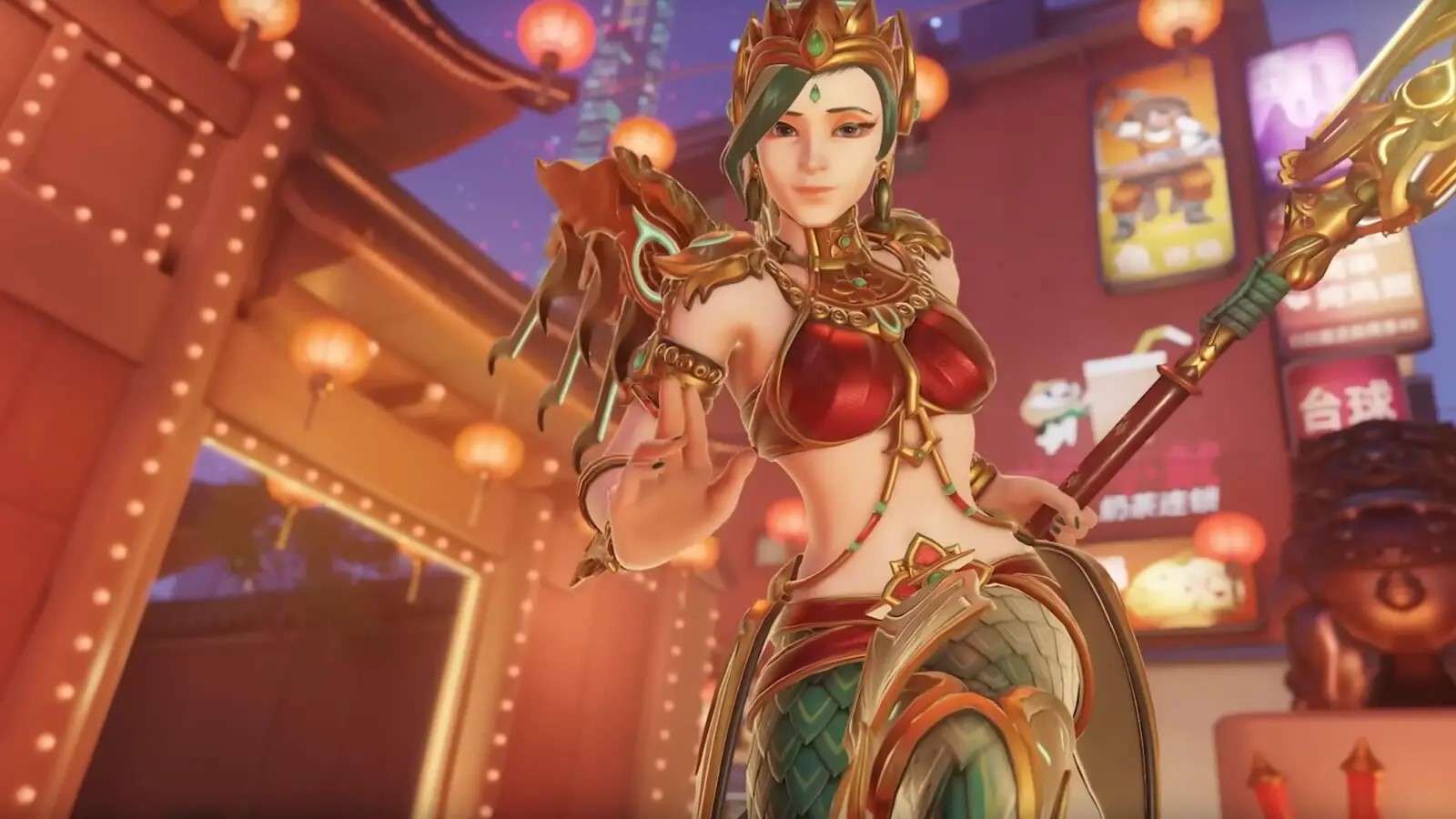 Mercy dressed in her new Lunar New Year Skin, looking at camera.