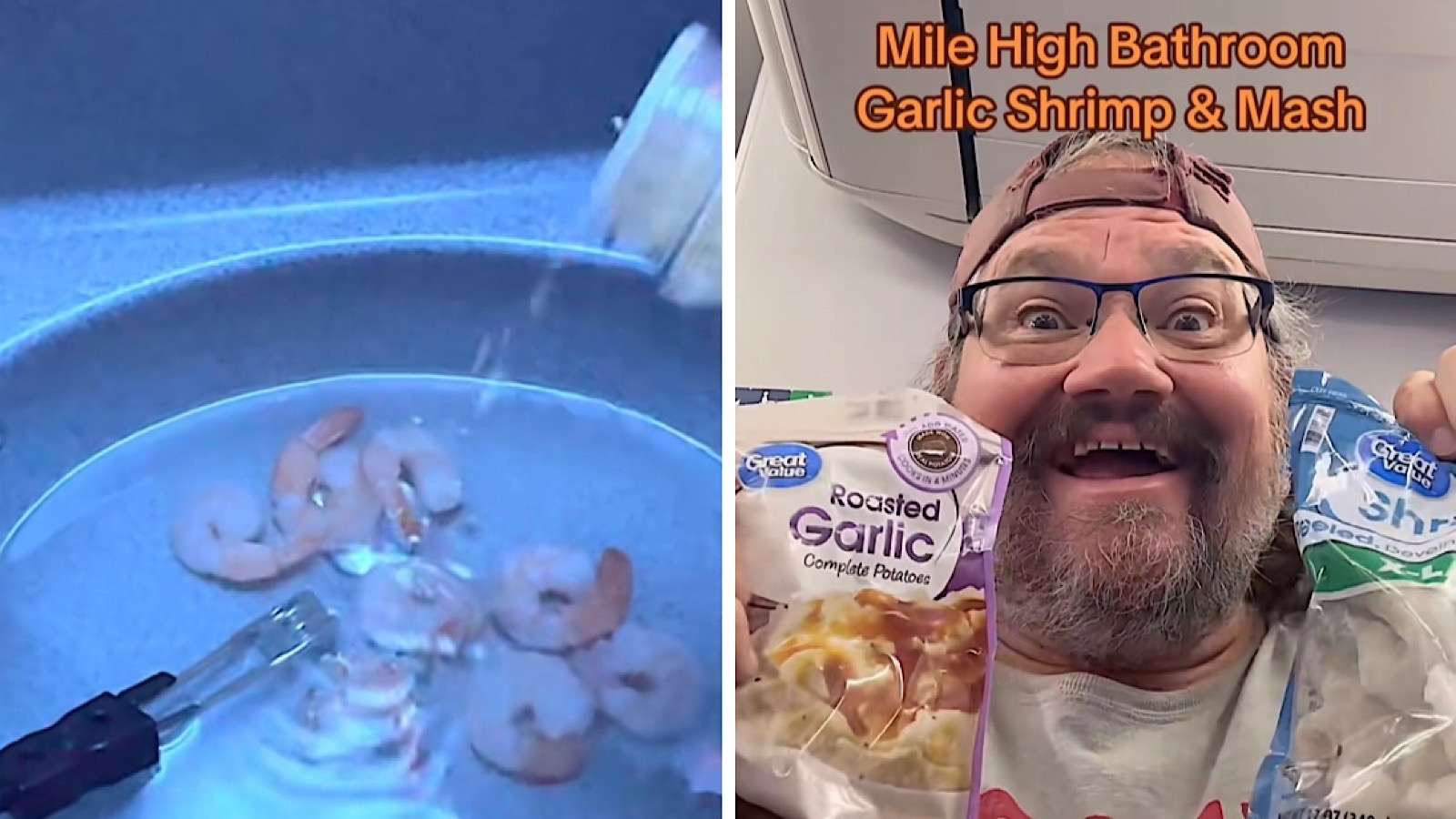 chef makes shrimp in bathroom sink on airplane
