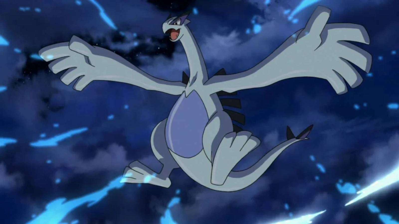 The legendary Pokemon Lugia appears flying, against the dark night sky