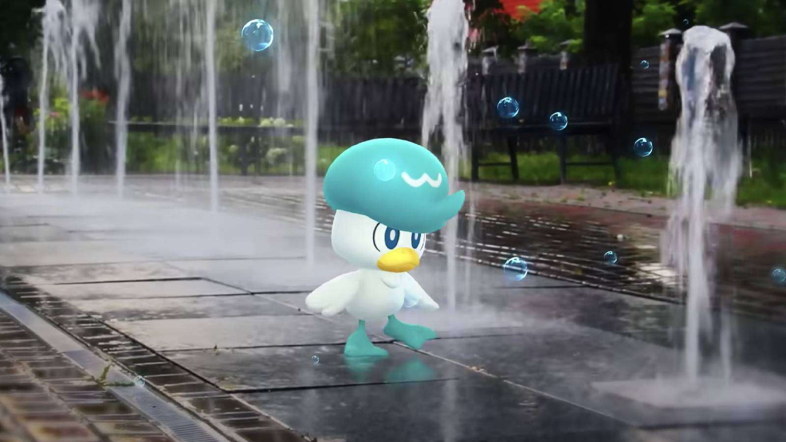The Pokemon Quaxly walks across some fountains