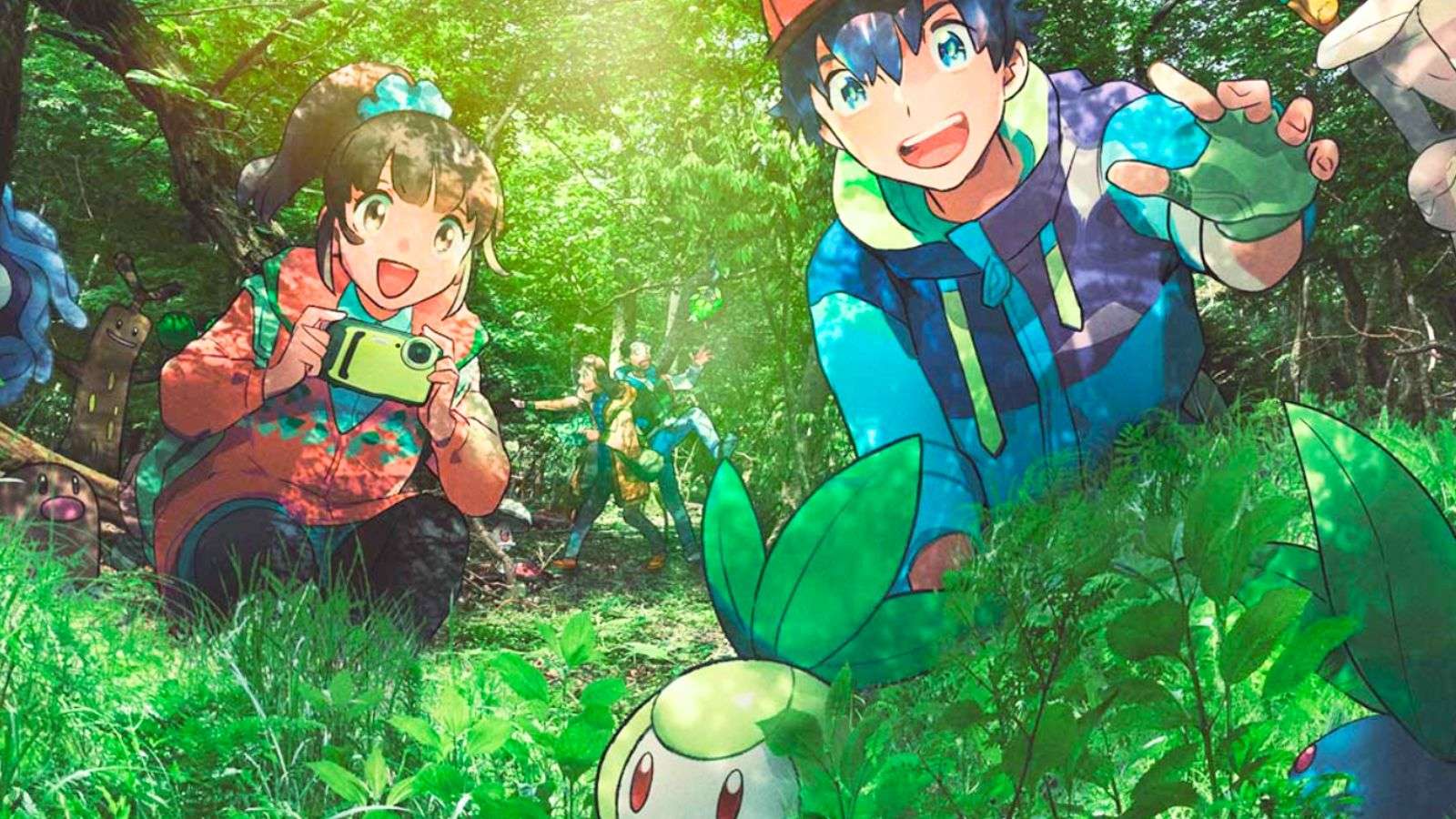 A promotional image on Pokemon Wonder set in the same region PokePark Kanto in Tokyo, Japan will open. It shows two trainers in a verdant forest looking at a Pokemon