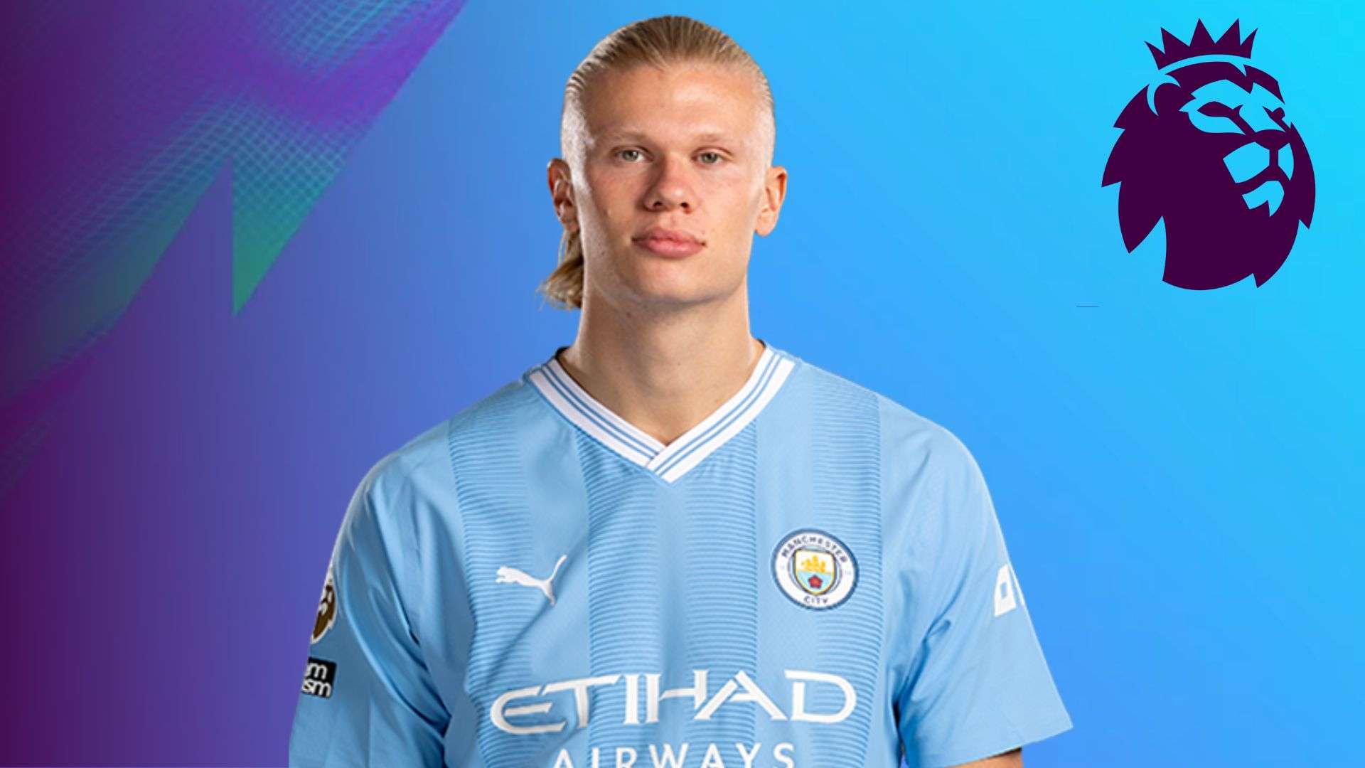 Erling Haaland in sky blue Manchester City jersey next to Premier League logo