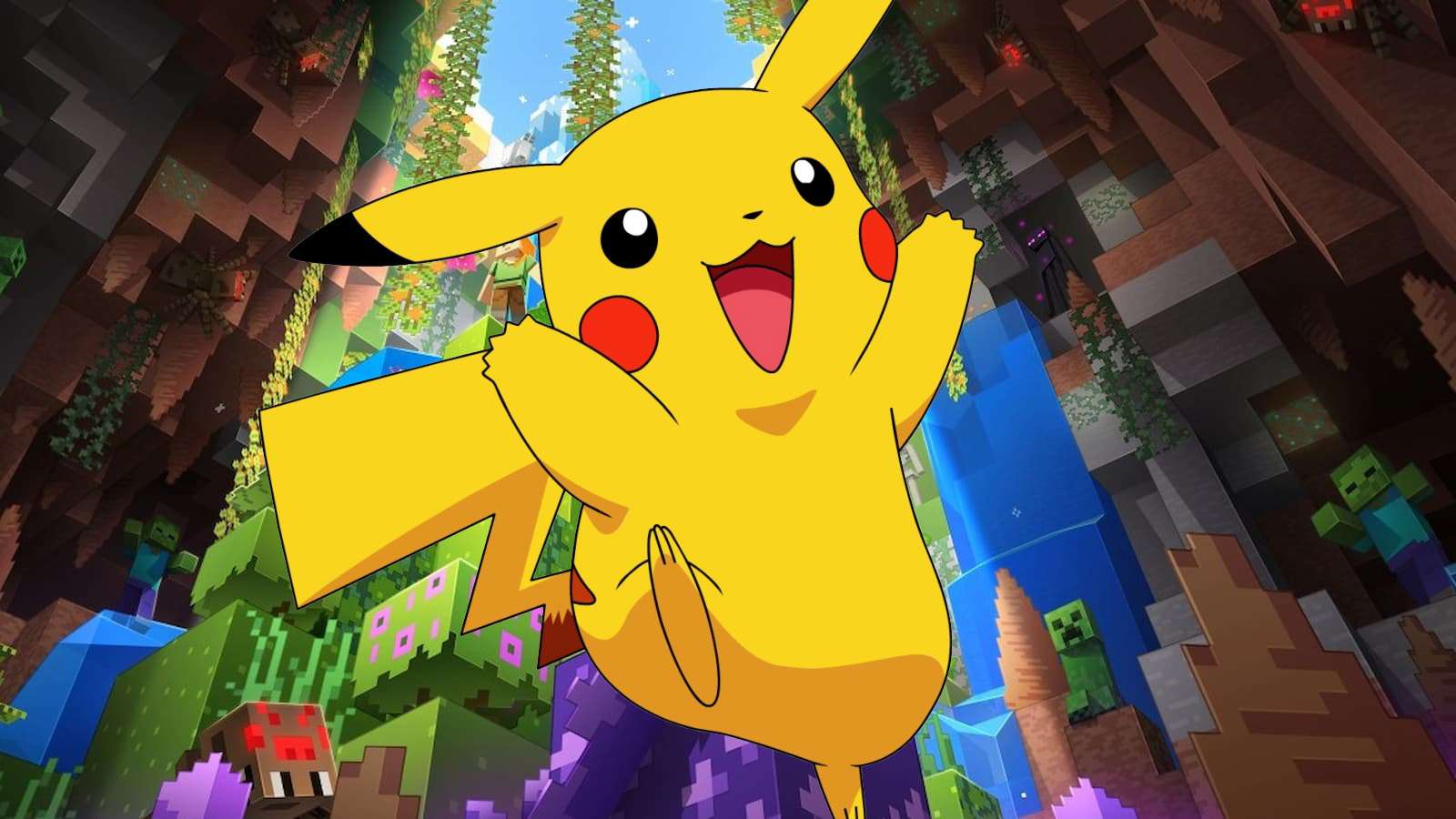 Pikachu in front of Minecraft background