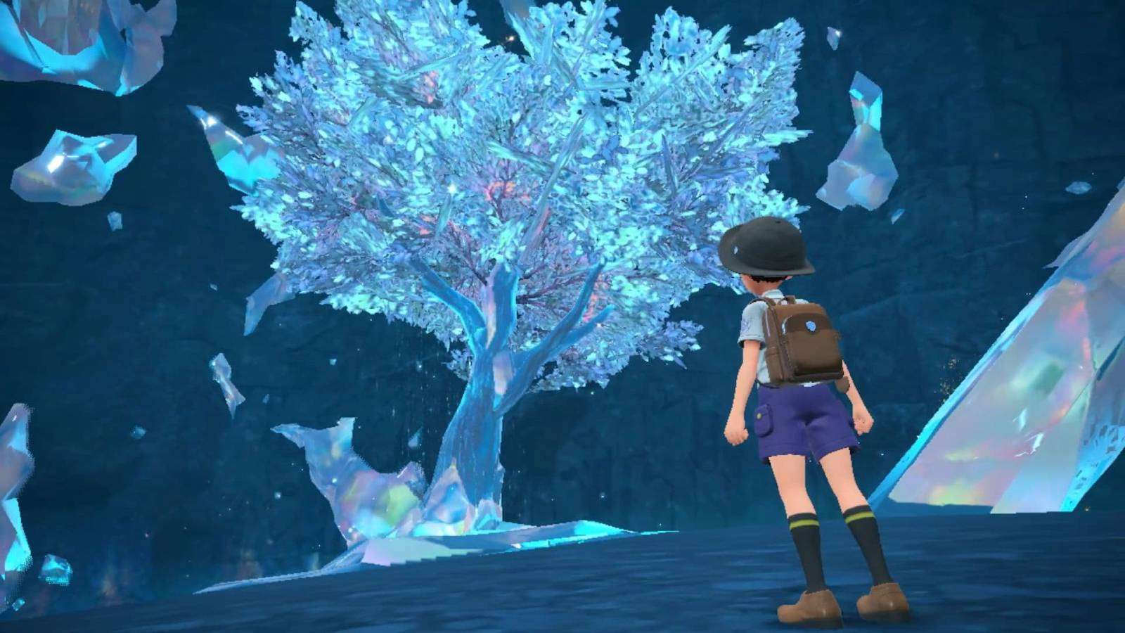 A pokemon trainer looks at a crystal tree
