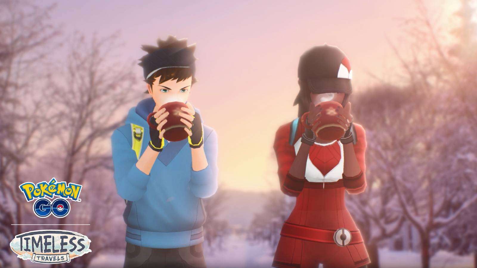 Ket art for the Pokemon Go Timeless Travels event shows two trainers dressed in winter clothes, lifting cups to their face with steaming liquid rising out of the mugs