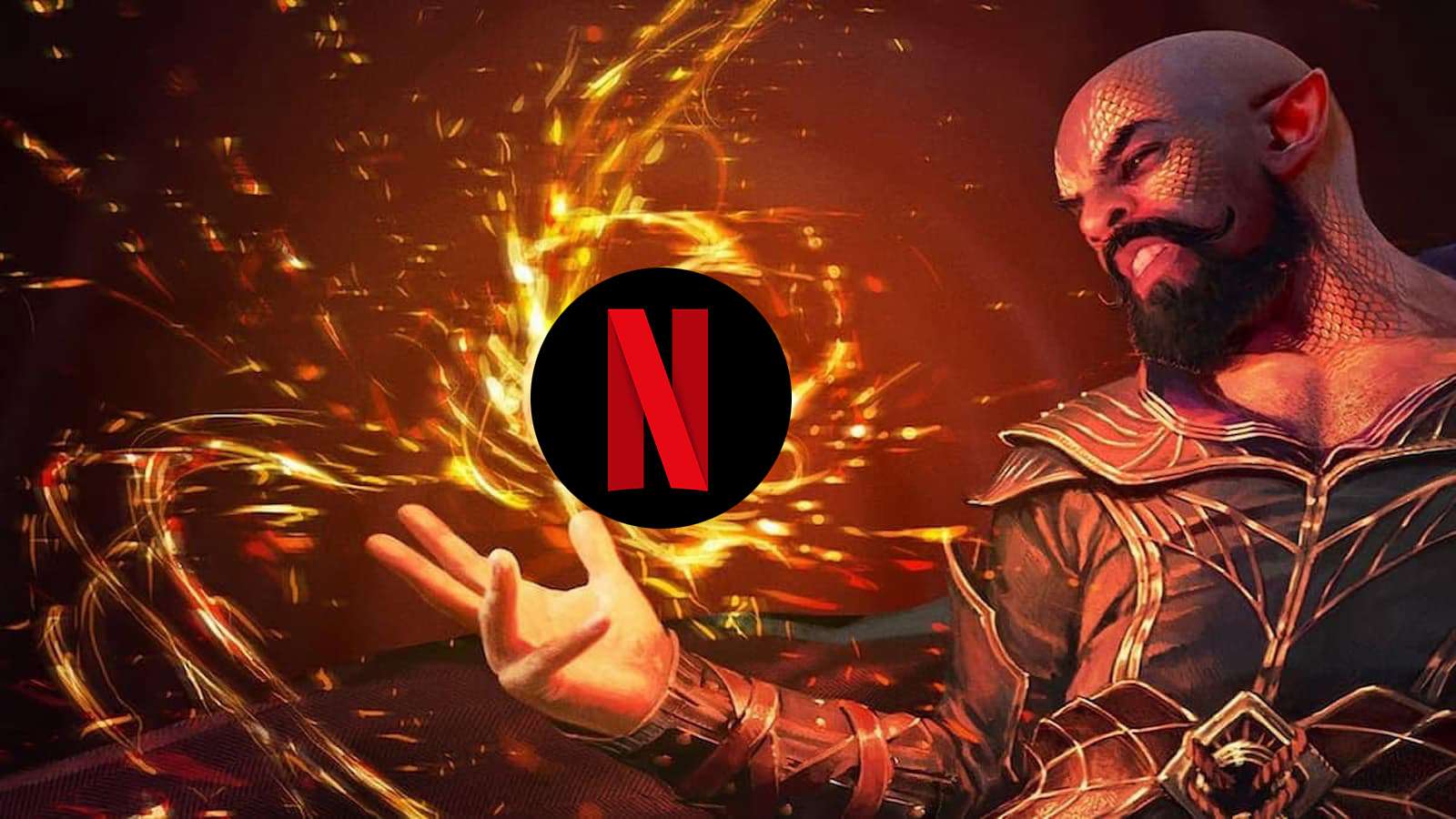 Baludr's Gate 3 Sorcerer holding the Netflix logo