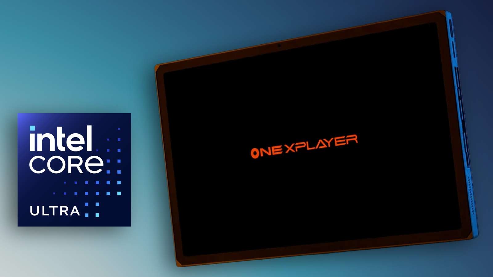 OneXPlayer X1 next to Intel Core Ultra Logo