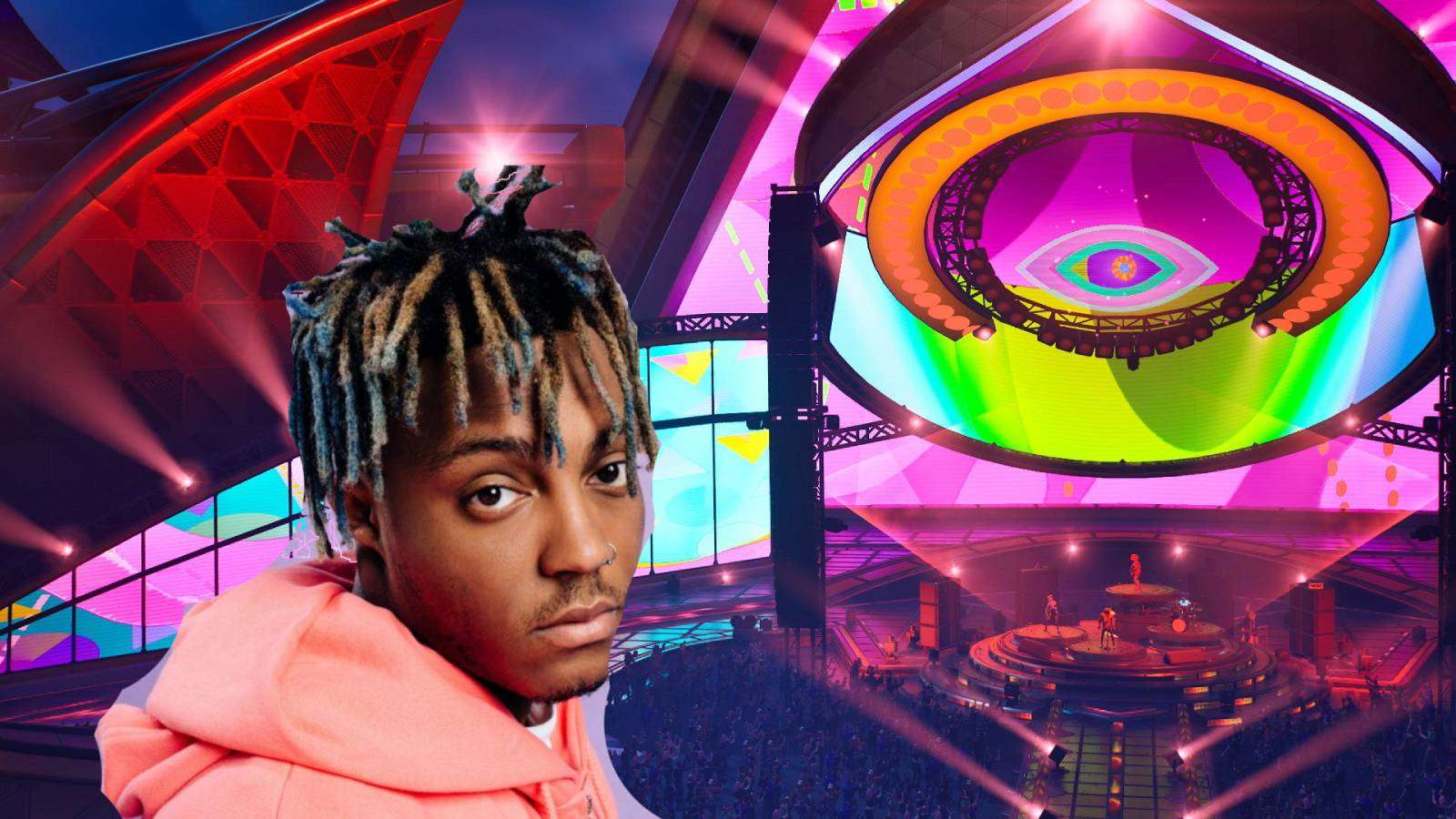 Fortnite Festival stage with Juice WRLD edited in front of it
