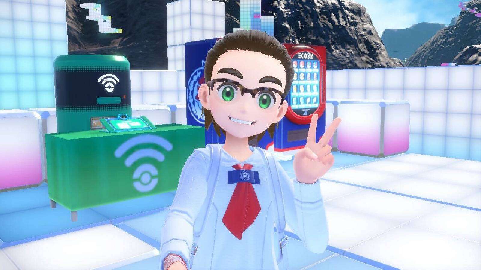 A Pokemon trainer uses the Roto Stick to take a selfie in front of a green TM crafting machine inside The Terarium, while pulling the peace sign with their left hand