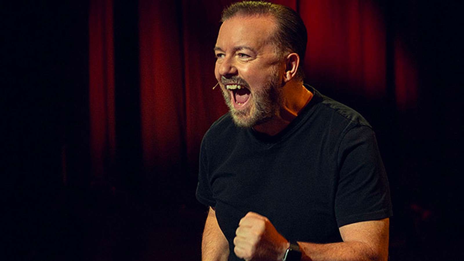 A still from Ricky Gervais: Armageddon on Netflix