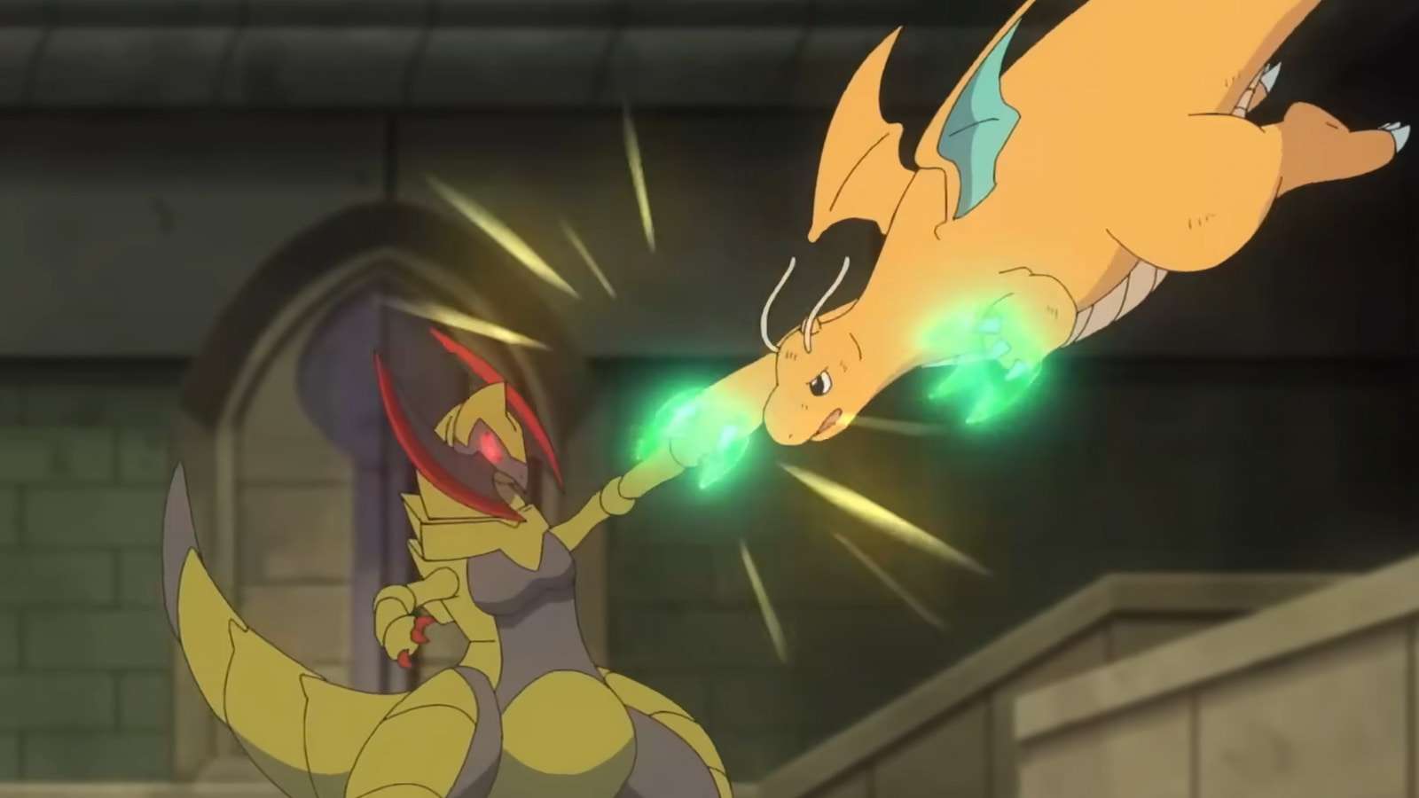 Ash's Dragonite fighting Haxorus in the Pokemon anime