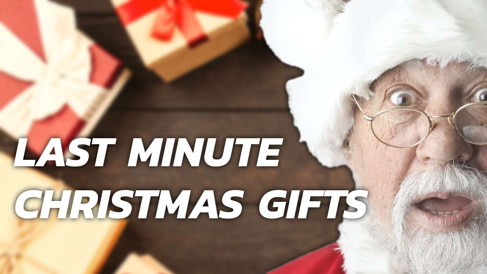 last minute christmas gifts with santa and presents behind