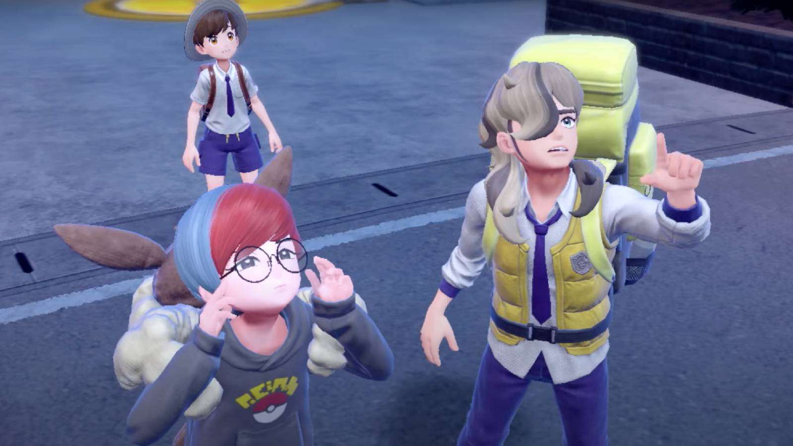 The Pokemon Scarlet & Violet characters Penny and Arven stand in front of a Pokemon trainer, looking up at something and pointing