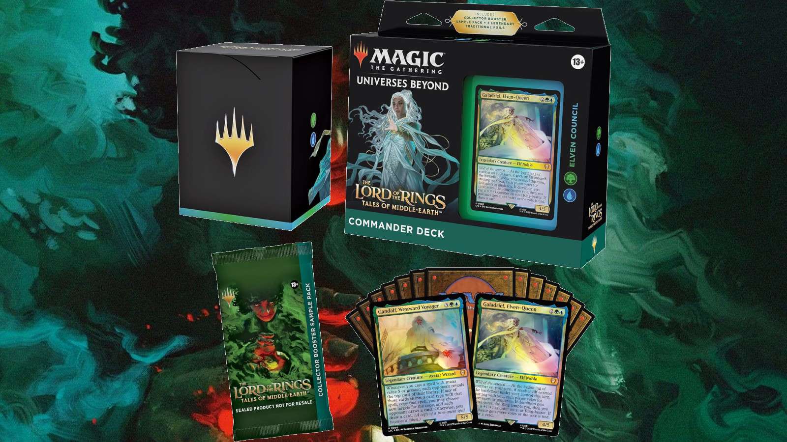MTG Elven Council deck box, booster pack and cards