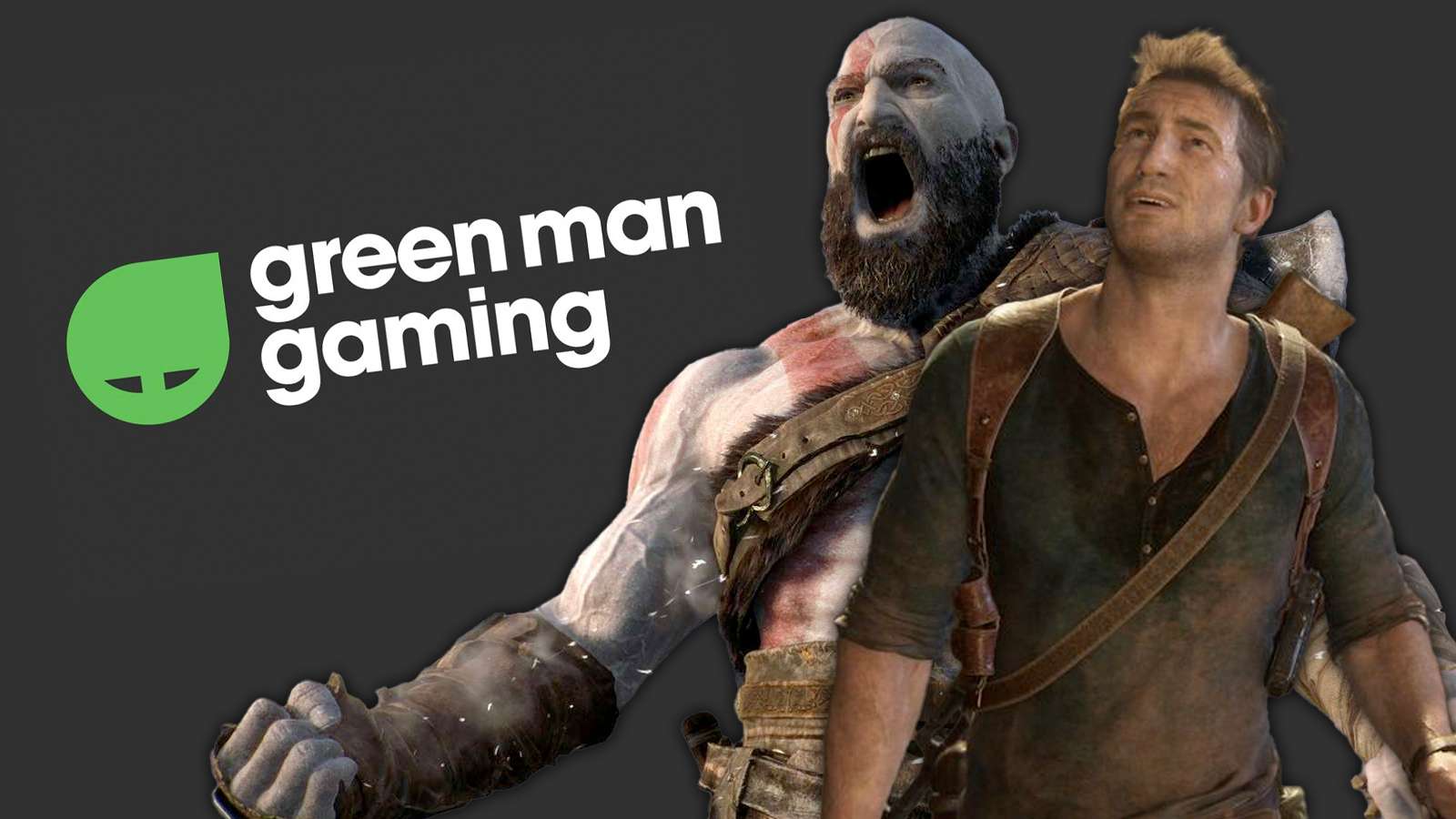 green man gaming logo with playstation art of kratos and nathan drake